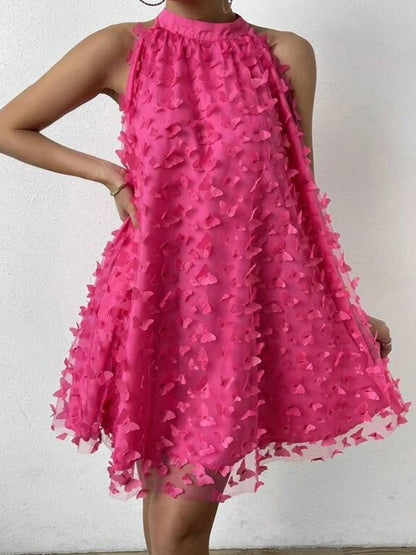 Loose Sleeveless Jacquard Pleated Color Split-joint Stand Collar Mini Dresses