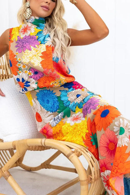 Land of Beauty Print Halter Neck Elastic Waist Party Maxi Dress