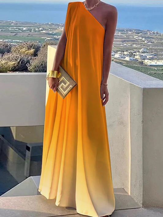 Loose Gradient Split-joint One-shoulder Maxi Dresses