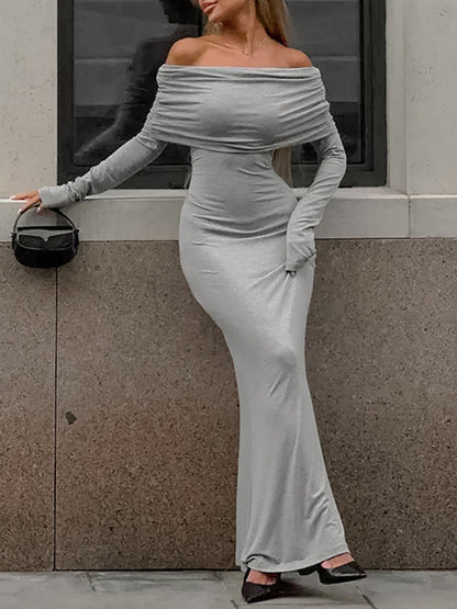 Long Sleeves Skinny Pleated Color Split-joint Off-the-shoulder Evening Dresses Maxi Dresses