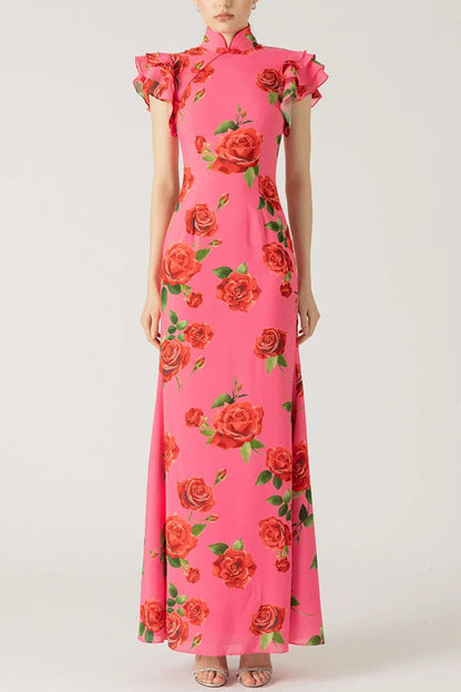 Party Cheongsam Style Rose Print Layered Flared Sleeve Elastic Long Skirt