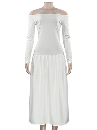 Off-shoulder Patchwork Maxi Dress ’s Commute Autumn Dress Female Backless Long Dress New