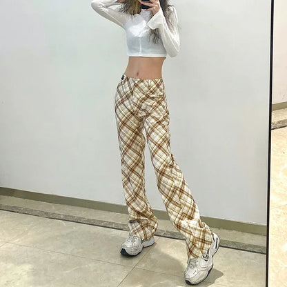 Y2k New Plaid Trousers High Waist Pants 90s Straight Wide Leg Pants Capris Harajuku Aesthetic Bottom