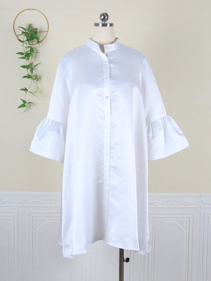 Urban Buttoned Color Stand Collar Flared Sleeve Loose Midi Dress