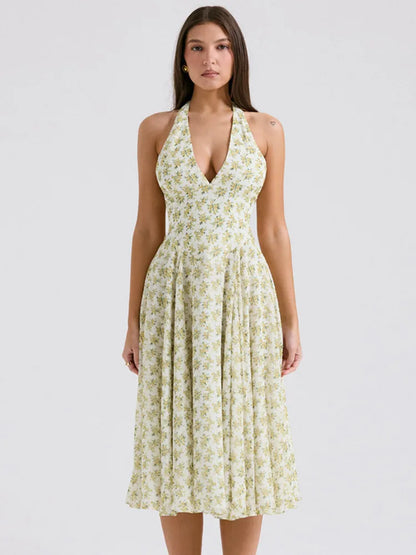 Halter Backless Print Midi Dress for Sleeveless A-line Pleated Club Party Long Dress New