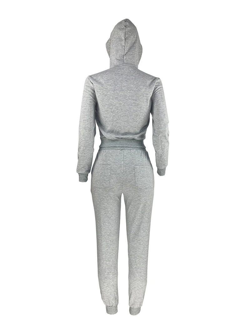 Simple Two Piece Set Sporty Long Sleeve Zipper Design Top Hooded Collar Broken Heart Print Female Tracksuit Set