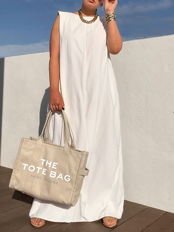 Loose Sleeveless Shoulder Pad Color Round-neck Maxi Dresses