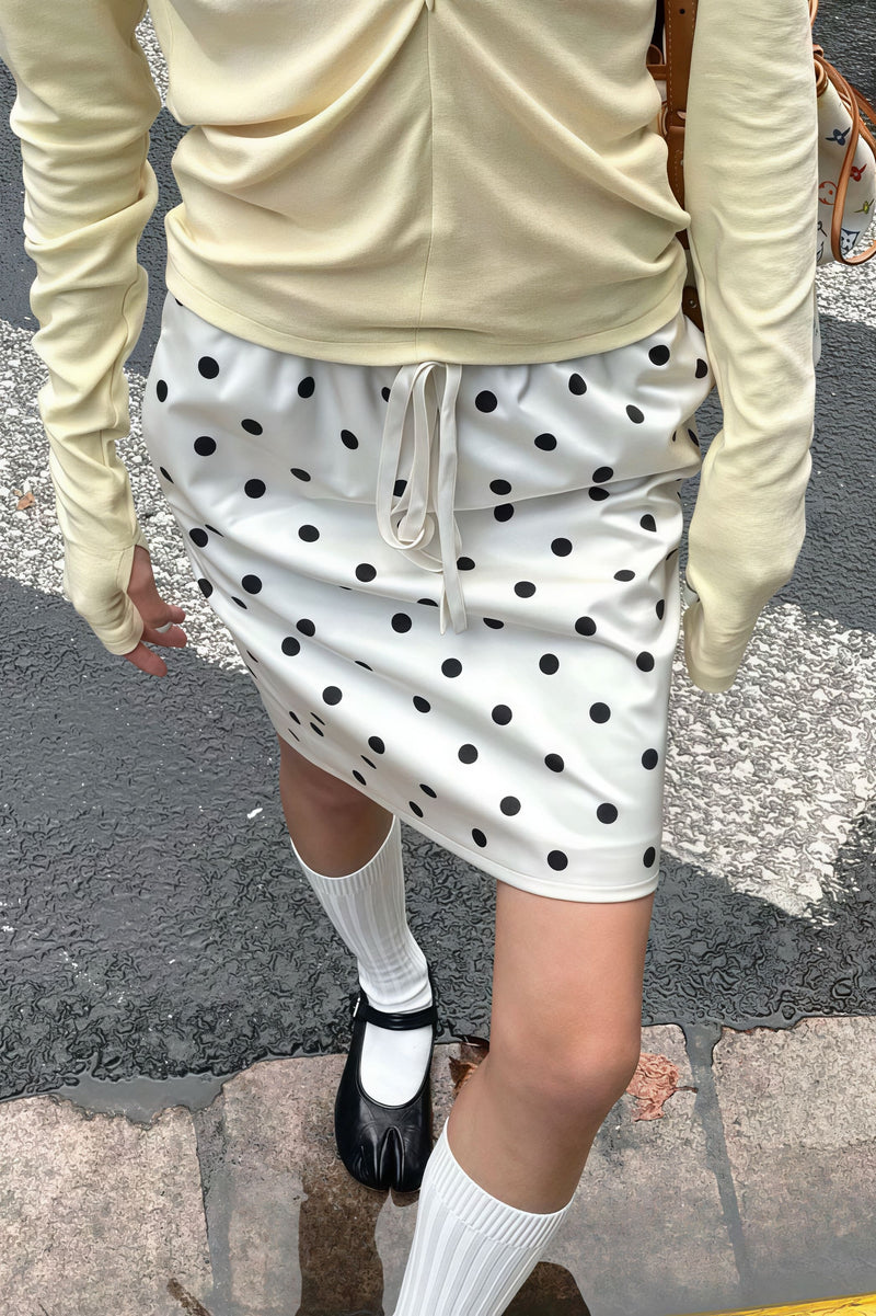 Satin Polka Dot Drawstring Midi Skirt