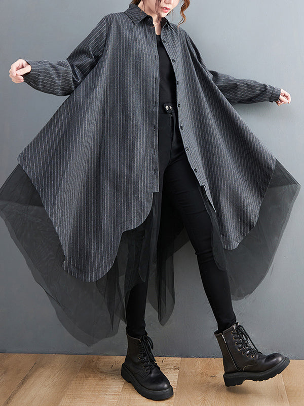 Loose Striped Gauze Split-joint Lapel Long Dress