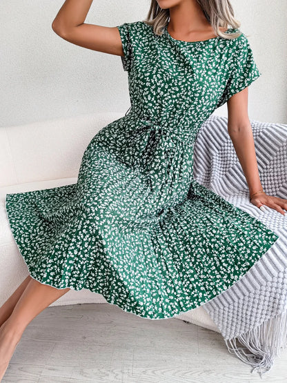 Summer Short Sleeve Long Dress O Neck Lace Up Pleated A-line Office Female Vestidos