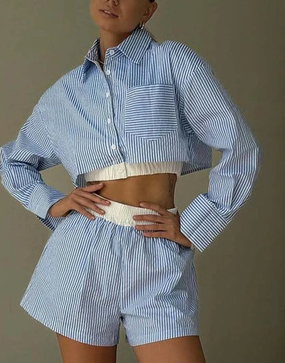Dark Blue Patchwork Pleated Mini Office Two Piece Set