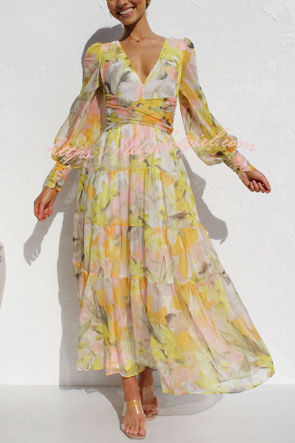 Olena Abstract Balloon Sleeves Maxi Dress
