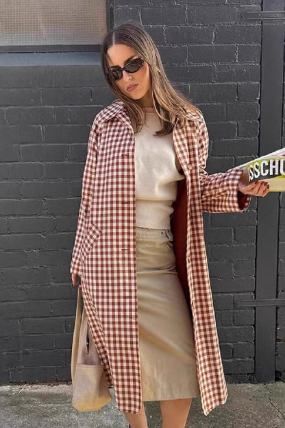 Plaid Lapel Long Overcoat