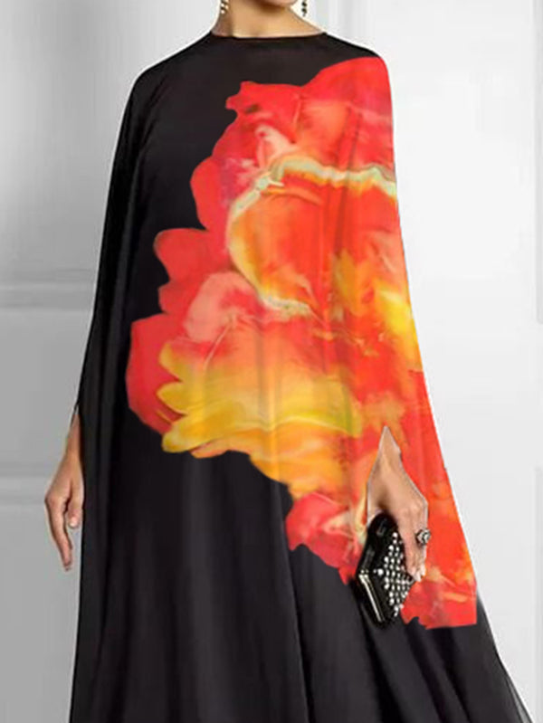 Batwing Sleeves Loose Contrast Color Printed Round-neck Maxi Dresses
