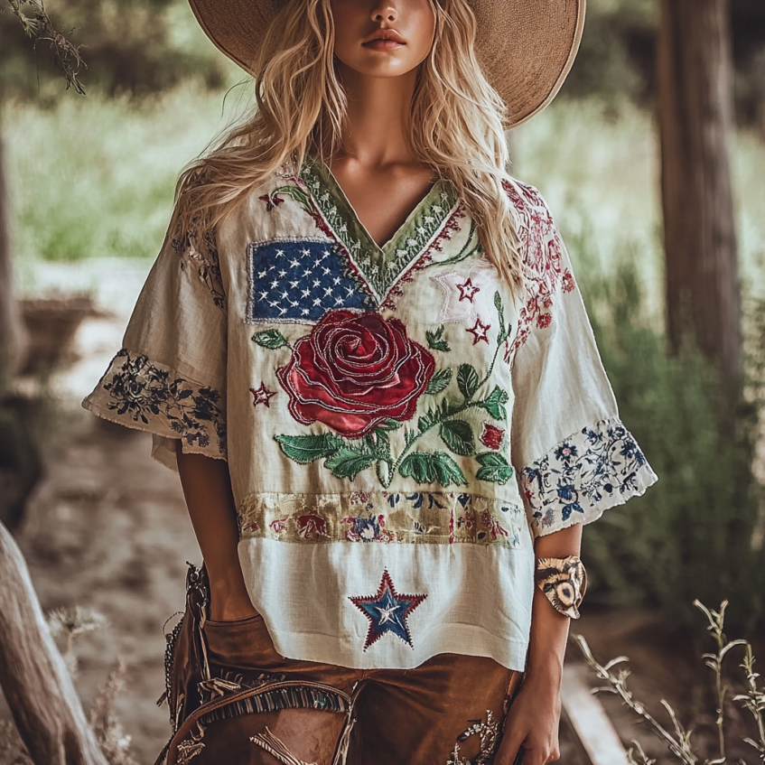Women's Retro American Western Country Style Rose And Star Embroidered Linen Blend V-neck T-shirt elevenforest
