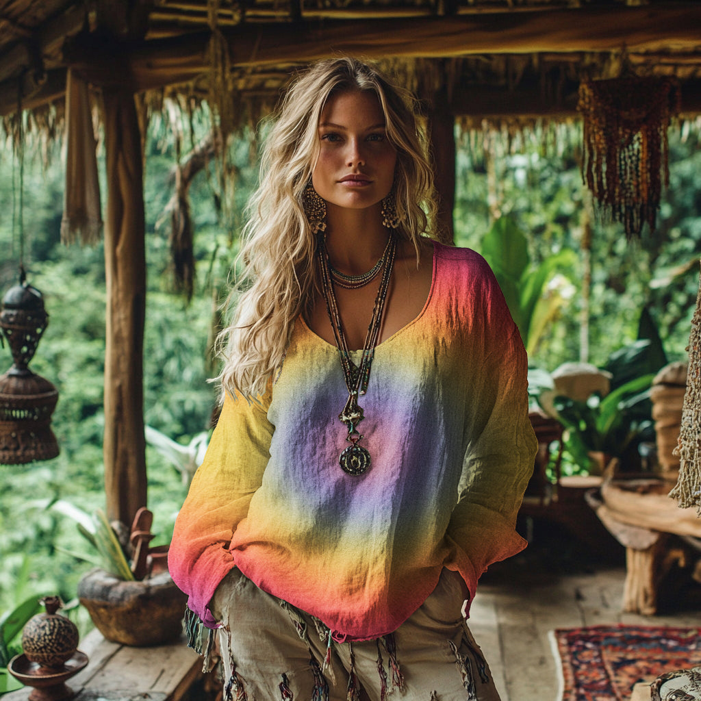 Women's Vintage Bohemian Tie-dye Art Linen Casual T-shirt elevenforest