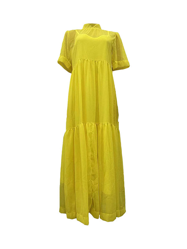 Loose Color Split-joint Inner Dress + Mesh Pleated Mock Neck Outer Dress Two Pieces Set