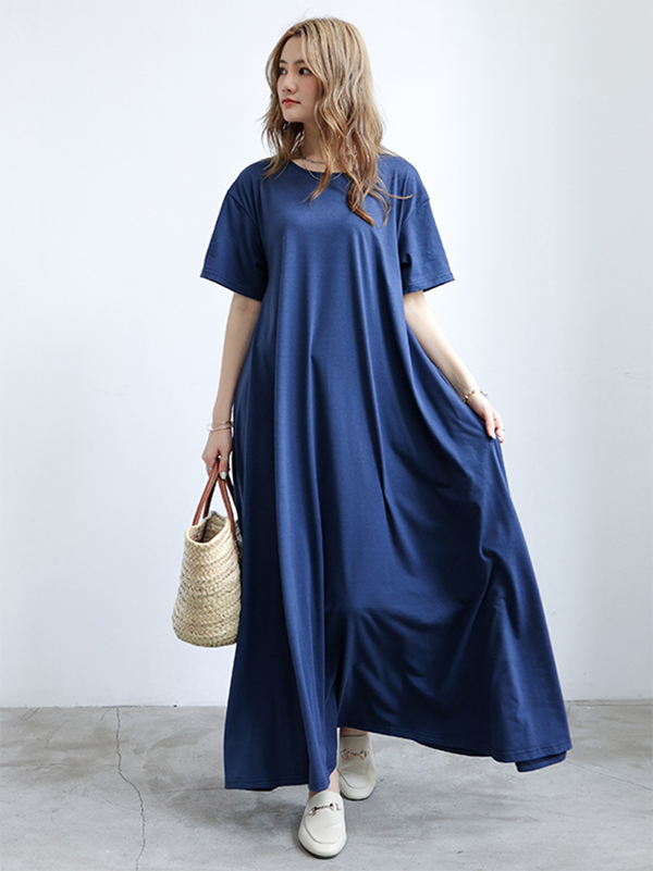 Simple Loose Short Sleeves Color Round-neck Maxi Dresses