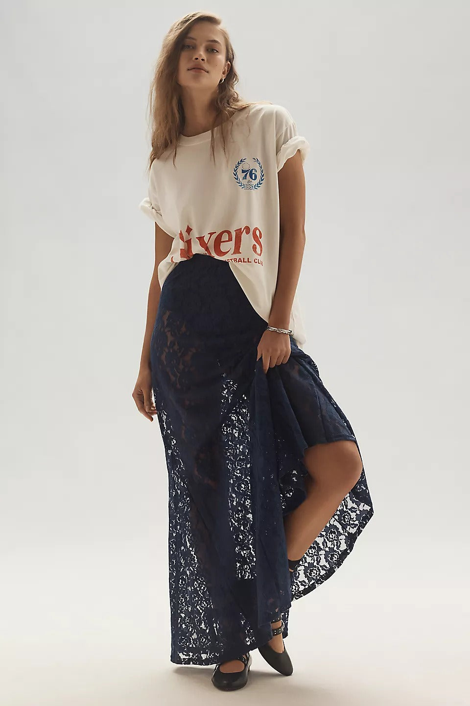 Sheer Embroidered Lace Maxi Skirt