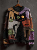 Halloween Black Colorblock Stitched Cozy Knit Sweater artswardrobe