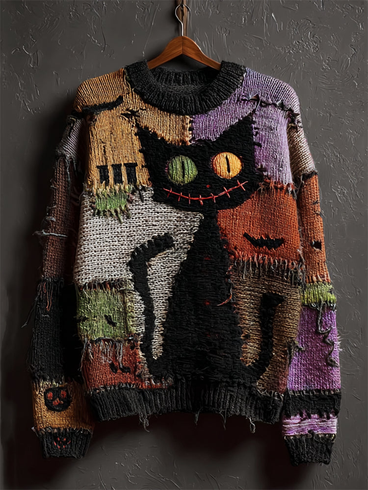 Halloween Black Colorblock Stitched Cozy Knit Sweater artswardrobe