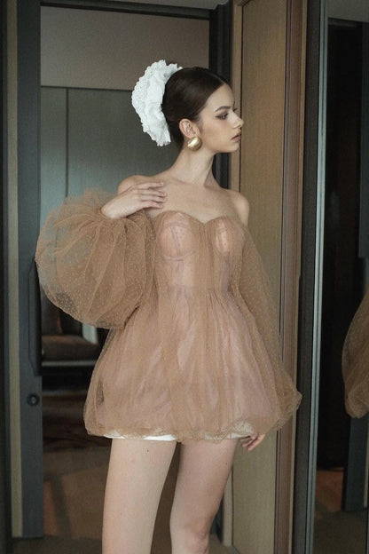 Sweet Bandeau Puff Sleeve Mini Dress
