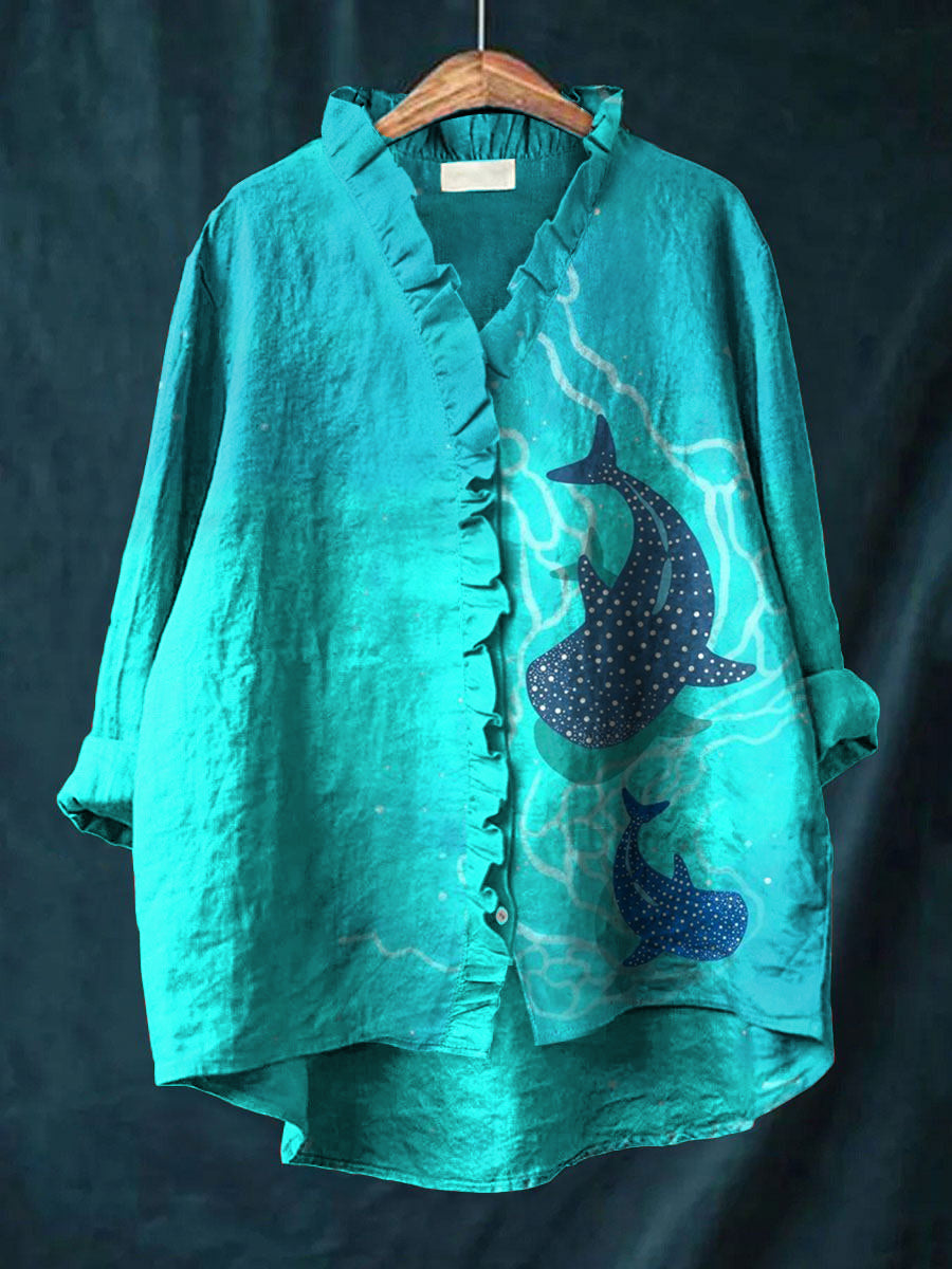Whale Shark Art Print Ruffled Linen Shirt elevenforest