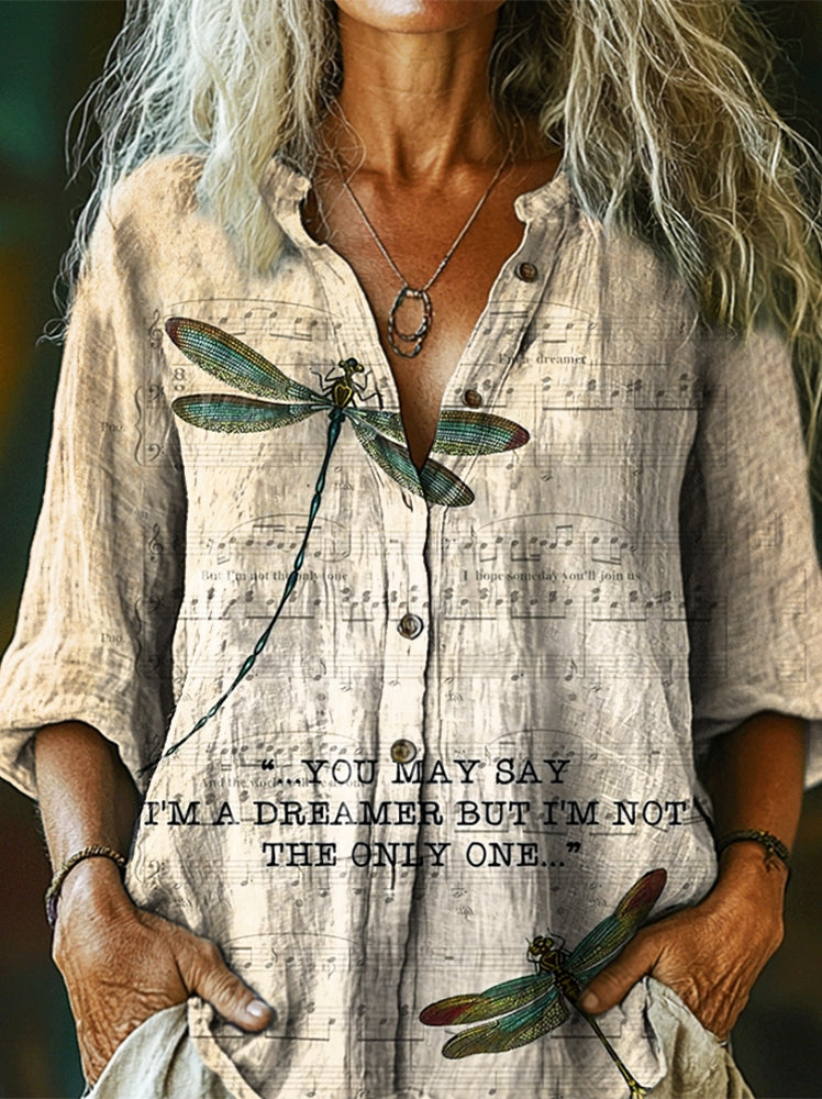 Women's Hippie You May Say I'm A Dreamer Print Casual Cotton Linen Shi