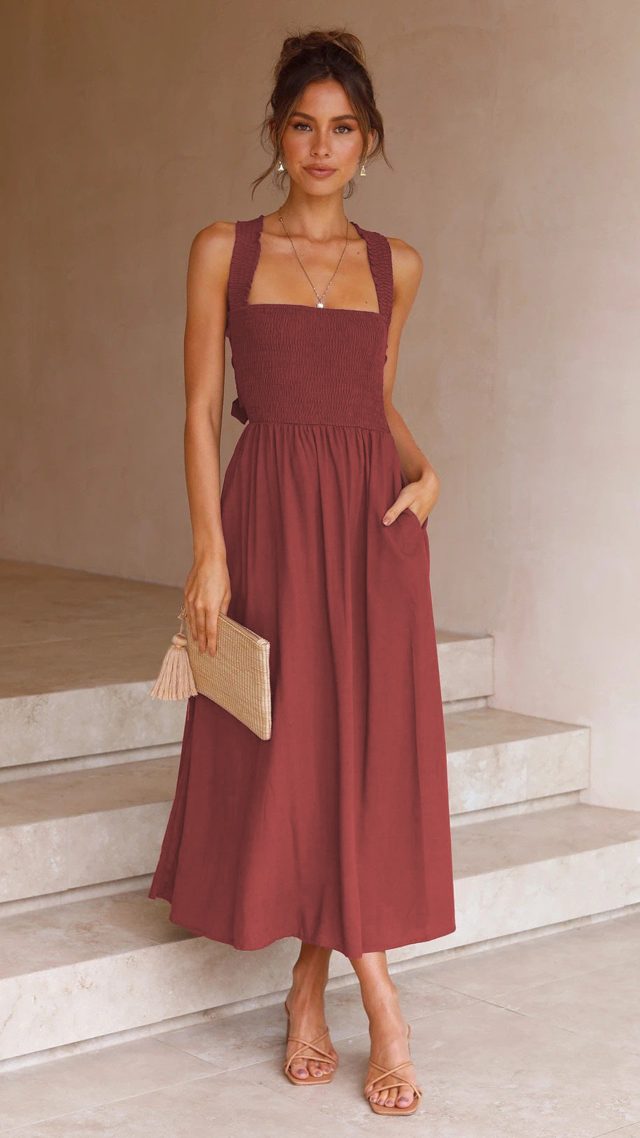 Red Cotton A-line Midi Dress