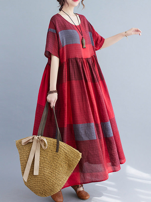 Artistic Retro Loose Color-block Pleated Round-neck Half Sleeves Midi Dress