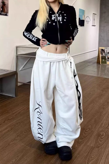 Flame Print Detachable Tie Curved Sweat Pants