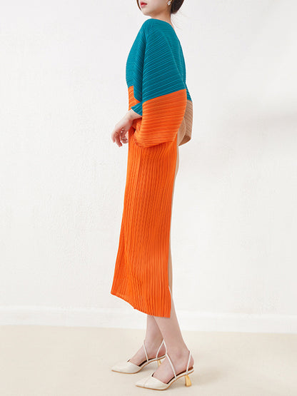Original Loose Contrast Color Pleated V-neck Midi Dresses