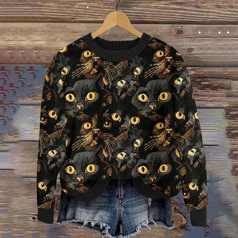 Comstylish Women's Black Cat Embroidery Art Cozy Knit Sweater