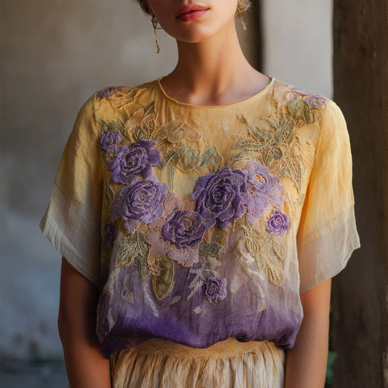 Vintage Purple Roses Embroidered Gradient Linen T Shirt elevenforest