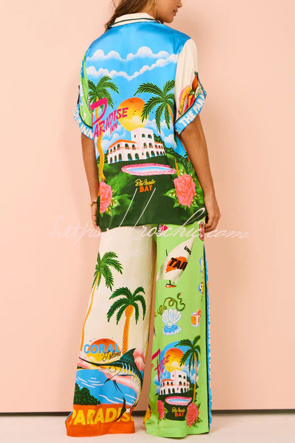 Kissed by the Sun Satin Unique Print Colorblock Button Down Oversized Blouse