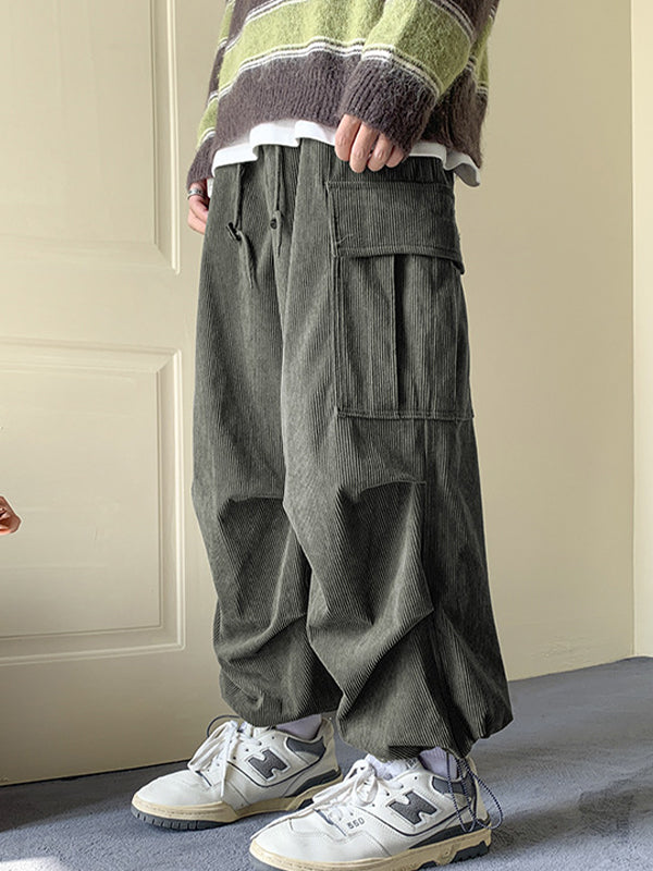 Green Corduroy Big Pocket Bound Feet Drawstring Cargo Pants