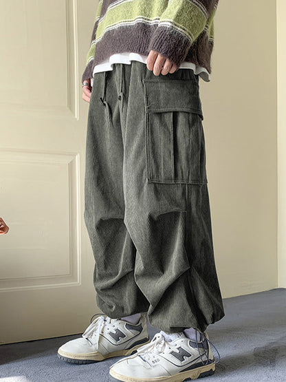 Green Corduroy Big Pocket Bound Feet Drawstring Cargo Pants