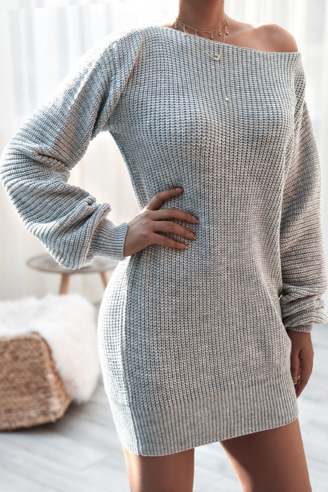 Ribbed Knit Boat Neck Long Sleeve Loose Mini Dress
