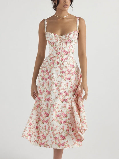 French Ditsy Print Breasted Slim Midi Dress