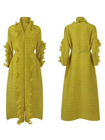 Original Loose Long Sleeves Tied Pleated Falbala Color V-neck Maxi Dresses