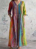 Women's V-neck Colorful Geometric Pattern Cotton Fabric Dress with Poc