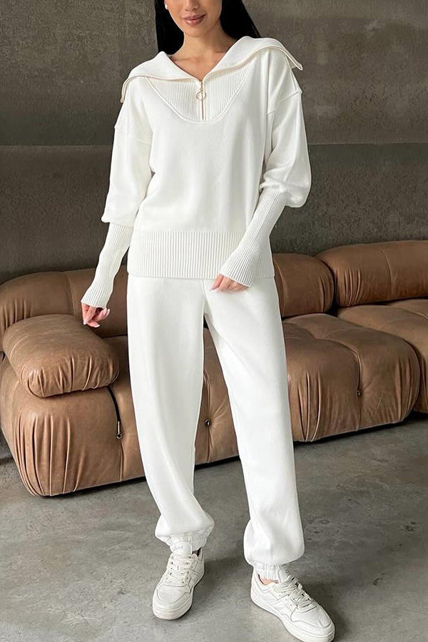 Color Long-sleeved Zip-up Sweatshirt and Elastic Waist Loose Pocket Pants Set