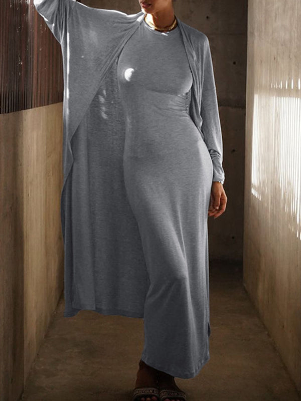 Long Sleeves Color Round-neck Inner Dress + Bodycon Outerwear Two Pieces Set
