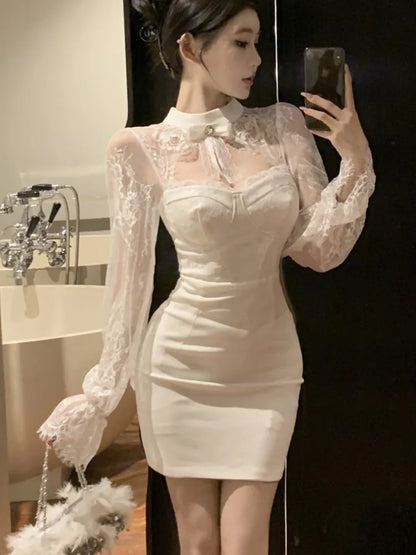 Mini Dress Lace Patchwork Flare Sleeve Hollow Out Autumn Spring Y2k Bodycon Wrap Hip Evening Party Vestidos Mujer New