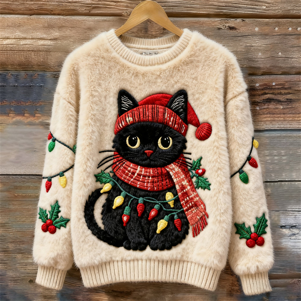 Comstylish Christmas Lights Cat Women's Cozy Plush Sweater