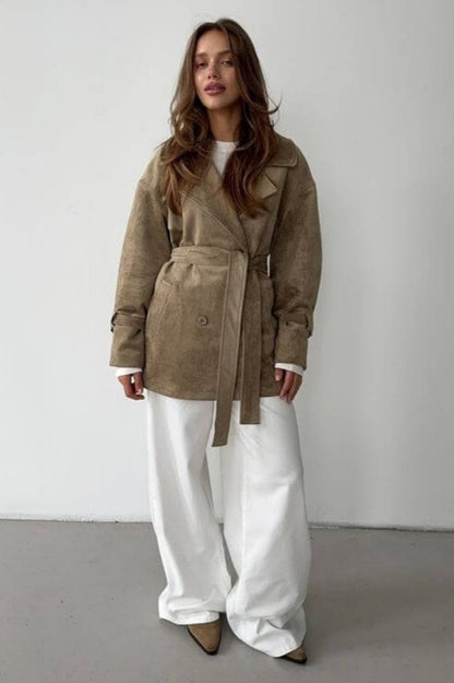 Suede Lapel Tie Waist Jacket Coat