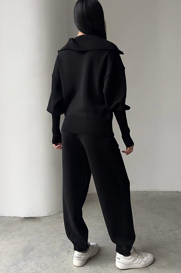Color Long-sleeved Zip-up Sweatshirt and Elastic Waist Loose Pocket Pants Set