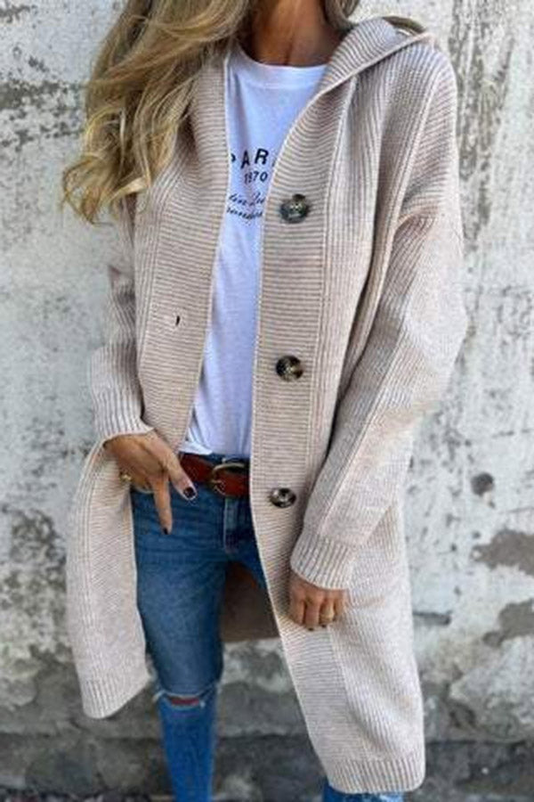 Color Hooded Pocket Mid-length Knitted Cardigan