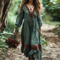Women's Boho Linen Blend Ethnic Midi Dress elevenforest
