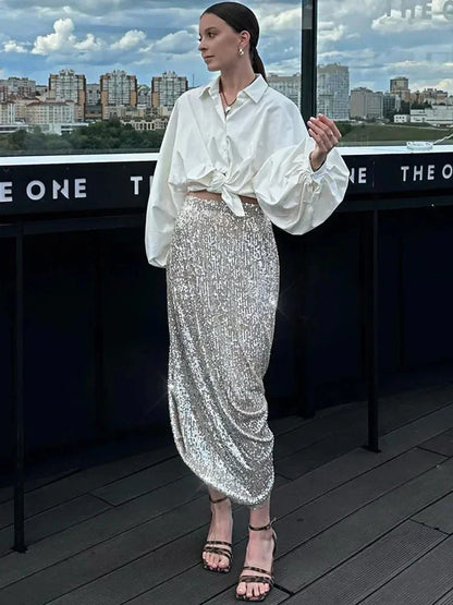 Female Sequin Long Skirt High Waist Patchwork Glitter Party Gown Maxi Skirt Slim for Long Skirt